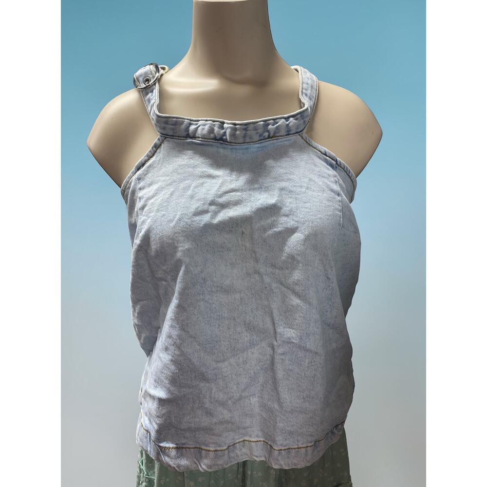 WeWoreWhat Medium Denim Halter Crop Top Buckle Closure Sleeveless